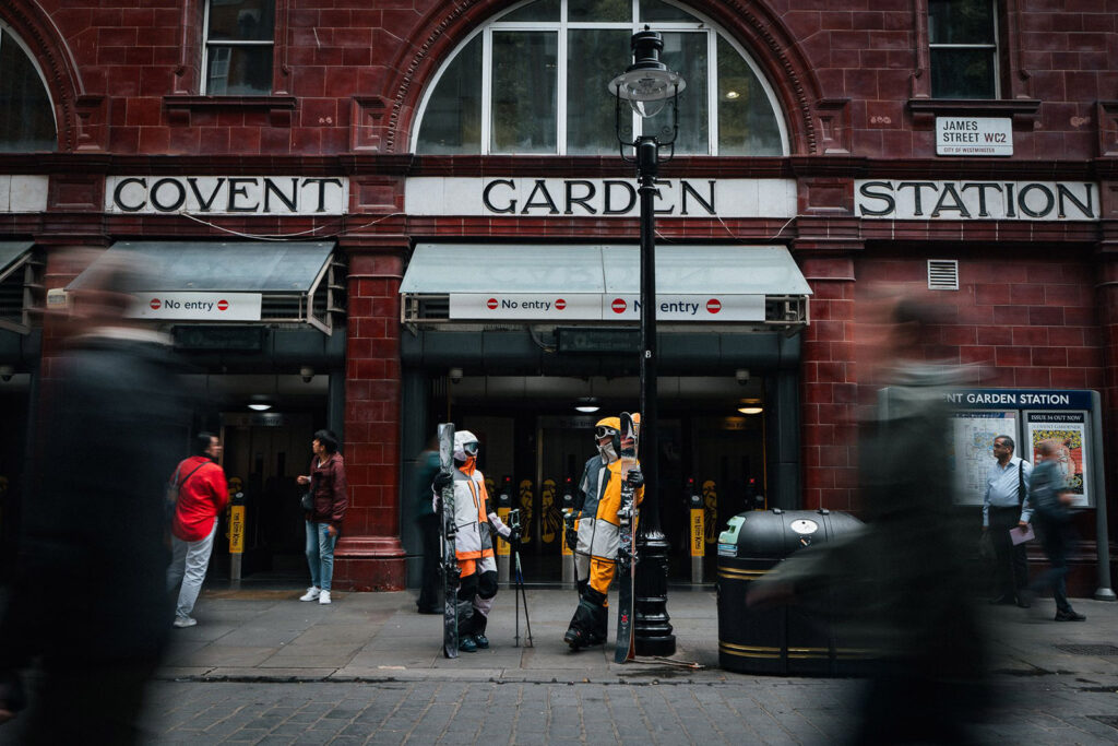 Peak Performance skiers at Covent Garden station